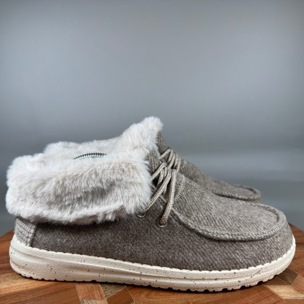 Hey Dude Wendy Fold Wool Faux Fur Lined Grey Moccasin Shoes 40471-2AH Womens 6